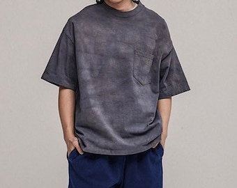 Japanese Industrial Grey Organic Plant Dyed Unisex Tie Dyed Heavyweight Oversized Pocket Tee