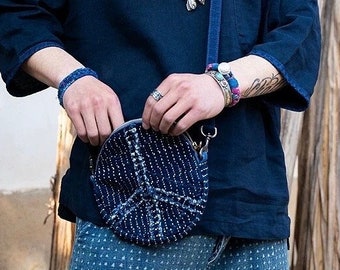 Indigo Dye Blue Hand Embroidered Sashiko Small Shoulder Bag | 18x18cm