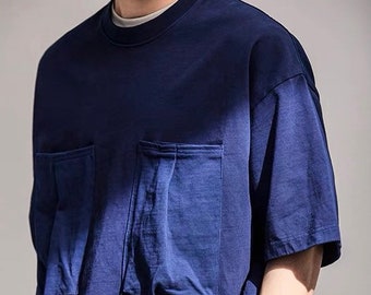 Japanese Indigo Dye Big Double Pockets T-Shirt | Organic Plant Hand Dye in Cotton | Mid Blue | Spring & Summer Collection | Gift Idea