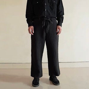 Japanese Black Hand-Stitched Sashiko Trousers | Relaxed Fit Straight Legs Pants | Organic Cotton | Unisex