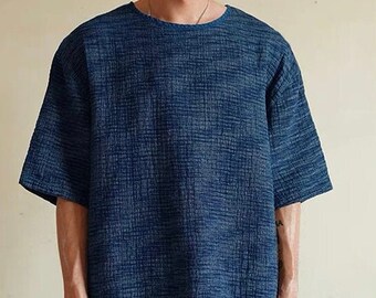 Japanese Blue Indigo Dyed Sashiko Hand Embroidered Kasuri T-Shirt | Oversized French Tee | Organic Cotton | Unisex