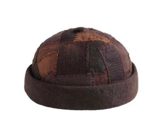 Japanese Organic Natural Plant Brown Hand Dyed Outdoor Patchwork Boro Handmade Unisex Melon Hat | Two Sizes