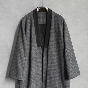 Japanese Style Grey Checked Cotton with Warm Flannel Velvet Fabric Long Haori Jacket | Kimono Noragi Hanten | Unisex