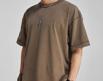 Japanese Style Dark Khaki Organic Batik Dyed Unisex Cotton Worker Retro Short Sleeve T-Shirt | Men's Tee