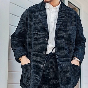 Japanese Style Black & Grey Hand-Stitched Sashiko 3 Buttons Casual Blazer Jacket | Relaxed Fit | Unisex