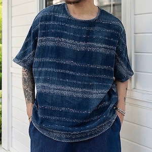 Japanese Blue Indigo Dyed Sashiko Striped T-Shirt | Hand-Stitched Oversized French Tee | Organic Cotton | Unisex