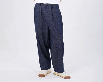 Japanese Dark Blue Jacquard Pants | Relaxed Fit | Cotton | Unisex | Tailor Made Available