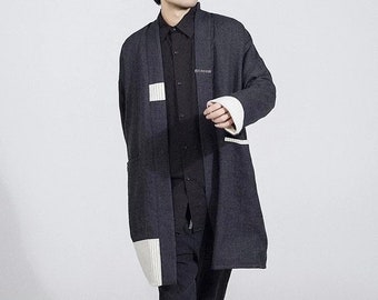 Japanese Black Wool Long Patchwork Jacket | Men’s Trench Coat | Retro Style