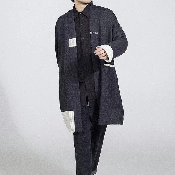 Japanese Black Wool Long Patchwork Jacket | Men’s Trench Coat | Retro Style