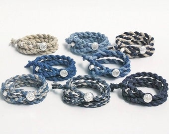Japanese Handmade Organic Plant Dye Silver Buckle Three Loops Woven Bracelet | Ramie | Indigo Dye | Tie Dye | 50cm | Unisex | Thin Edition