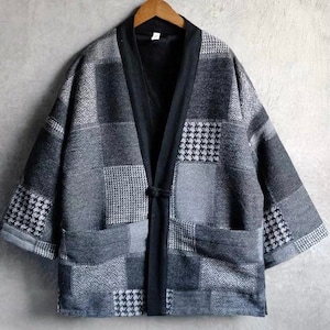 Japanese Handmade Grey Patchwork Cotton with Extra Warm Velvet Fabrics Unisex Kimono Noragi Hanten Jacket