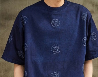 Japanese Style Indigo Blue Hand-Stitched Sashiko Fireworks T-Shirt | Organic Cotton 230g | Natural Plant Dye | Unisex