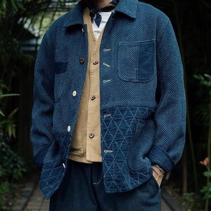 Japanese Indigo Blue Organic Plant Hand Dyed & Stitched Sashiko French Worker Coat 4 Pockets Kendo Jacket Unisex Limited Edition image 1