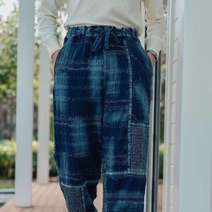 Indigo Blue Organic Plant Dye Hand Embroidered Sashiko Patchwork Pants | Sakura Pattern Trousers | Indigo Dye | Heavyweight