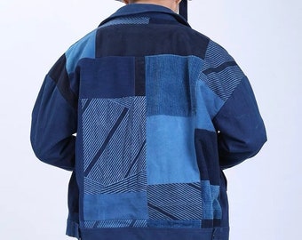 Japanese Indigo Blue Organic Plant Fully Hand-Stitched Sashiko Patchwork Boro Zip Jacket | Unisex | Tailor Made Available