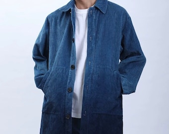 Japanese Indigo Blue Organic Plant Hand-Dyed Tie Dye Tow Tone Faded Corduroy Long Jacket | Unisex | Tailor Made Available