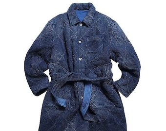 Japanese Indigo Blue Organic Plant Hand Dyed Hand-Stitched Sashiko Long Padded Coat Jacket | Unisex | Heavyweight | Cotton