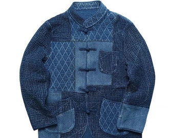 Chinese Style Blue Sashiko Kendo Patchwork Boro Washed Coat | Organic Plant Indigo Hand Dye | Men’s Multi-Pockets Jacket | Tang Suit