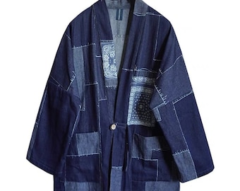 Japanese Style Blue Denim Fabric Patchwork Kofu Haori Jacket | Kimono Noragi | Unisex