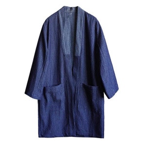 Japanese Style Blue Denim Kendo Fabric Long Pockets Kimono Noragi Hanten Haori Jacket | Unisex | All Seasons