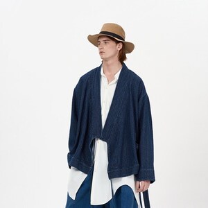 Japanese Style Indigo Dye Kimono Jacket | Organic Plant Dye | Noragi Hanten Haori Coat | Organic Cotton | Unisex