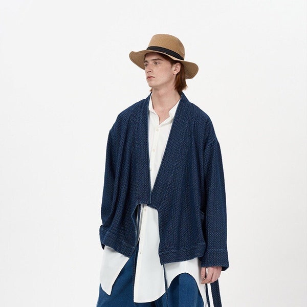 Veste kimono teint dans l'indigo de style japonais | Colorant végétal biologique | Manteau Haori Noragi Hanten | Coton biologique | Unisexe