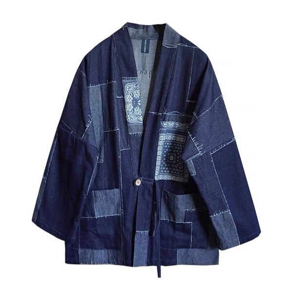 Veste haori Kofu en patchwork de denim bleu de style japonais | Kimono Noragi | Unisexe