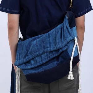 Indigo Union Japanese Handmade Boro Patchwork Unisex Big Cross Shoulder Bag Tote Bag | 12oz | 50x30x25cm