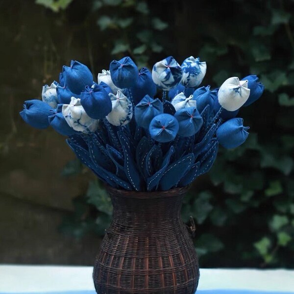 Indigo Dye Artifical Fake Tulip Flowers | Organic Plant Dye | Shibori | Tie Dye | Indigo Blue | Home Decor | Gift Ideas | 3 Patterns