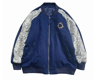 Japanese Indigo Dye Patchwork Baseball Padded Jacket | Blue Sashiko Men's Coat | Regular Fit | 3M Thinsulate Lining | Herringbone