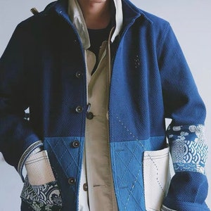 Japanese Indigo Union Blue Natural Plant Dyed Hand-stitched Sashiko Kendo Unisex Patchwork Kofu Multi Pockets Jacket | Tailor Made Available