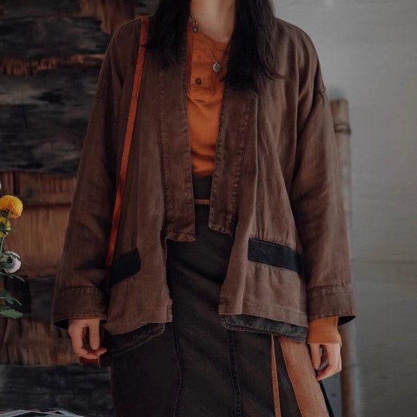 Japanese Brown Organic Dye Women’s Haori Jacket | Kimono Noragi Hanten | Dioscorea Cirrhosa & Pomegranate Dye | One Size