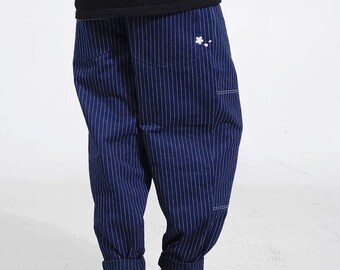 Japanese Indigo Dye Sashiko Striped Straight-Leg Tapered Pants | Blue | Embroidery Retro Casual Style | Men’s Trousers