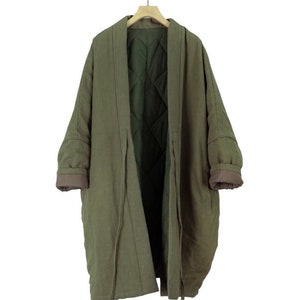 Japanese Military Green Cotton Flax Women Traditional Haori Long Oversized Padded Kimono Noragi Jacket Indigo Union Hand Stitching image 2