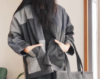 Japanese Style Women's Organic Plant Dye Patchwork Boro Haori Jacket | Grey | Kimono Noragi | One Size