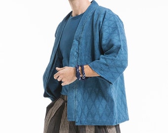 Japanese Indigo Light Blue Plant Hand-Dyed Cotton Noragi Kimono Haori Hanten Jacket | Unisex