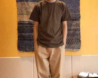 Indigo Union Japanese Organic Brown Plant Dyed Handmade Cotton Fabrics Unisex Japanese Short Sleeve Henley Tee