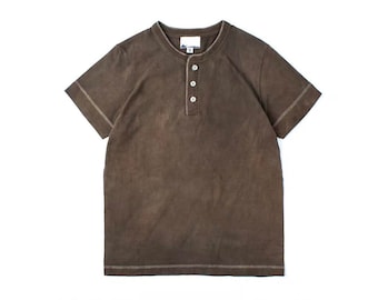 Indigo Union Japanese Organic Brown Plant Dyed Handmade Cotton Fabrics Unisex Japanese Short Sleeve Henley Tee