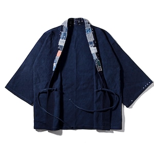 Japanese Dark Blue Sashiko Patchwork Kimono Kendo Jacket | 3/4 Sleeves | Hanten Haori Noragi | Hand-Embroidered | Organic Indigo Dye