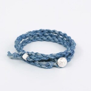 Japanese Handmade Organic Plant Dye Silver Buckle Three Loops Woven Bracelet Ramie Indigo Dye Tie Dye 50cm Unisex Thin Edition Light Blue