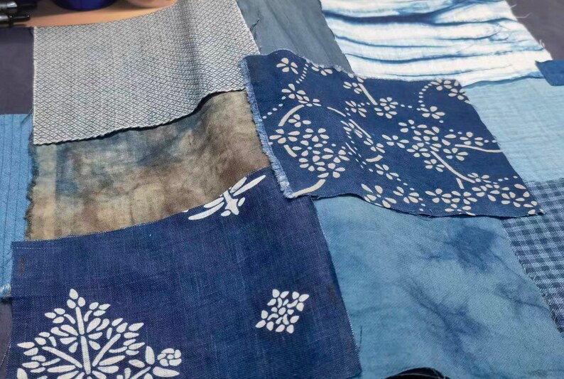 Japanese Scraps Remnants Patches Package Organic Indigo Dye Shibori Blue Set of 9-25 Cotton Linen Fabric Scraps DIY Zero Waste image 6