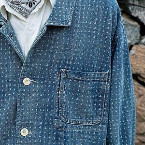 Japanese Organic Discharge Dye Cotton Hand-Stitched Sashiko Triangle Worker Jacket Blue Men's Coat Regular Fit image 4