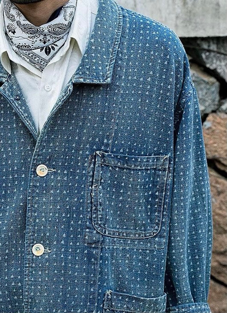 Japanese Organic Discharge Dye Cotton Hand-Stitched Sashiko Triangle Worker Jacket Blue Men's Coat Regular Fit image 4