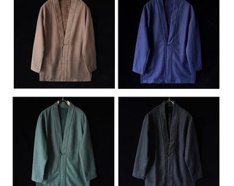 Japanese Style Cotton Linen Blended Unisex Kimono Noragi Hanten Haori Jacket | 4 colors, Black, Brown, Green, Blue