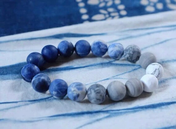 Japanese Handmade Indigo Blue Gemstone Bracelet Wristband Beaded