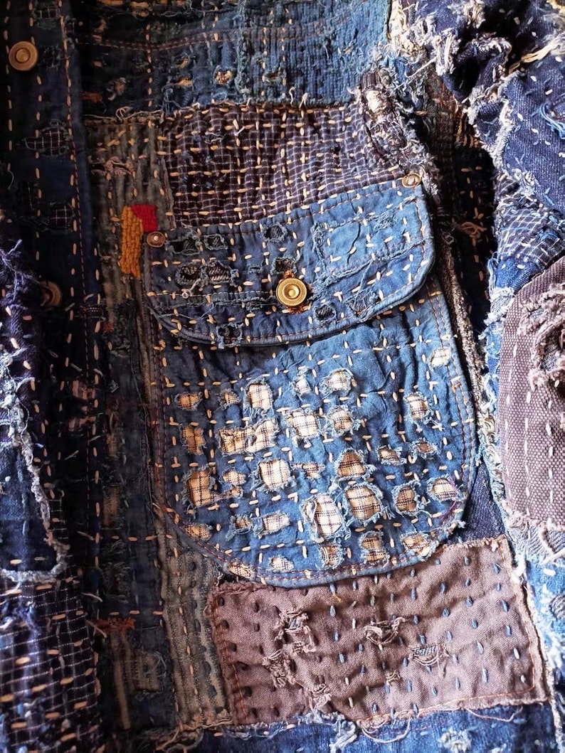 Japanese Fully Handmade Boro Patchwork Denim Jacket Blue Cotton Organic Plant Dye Unique Pattern Unisex Tailor Made Available image 4