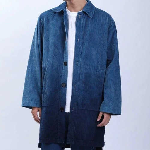 Japanese Indigo Blue Organic Plant Hand-Dyed Handmade Tie Dye Faded  Corduroy Long Jacket | Unisex 