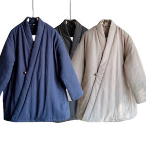 Japanese Cotton Linen Blended Unisex Retro Kimono Noragi Haori Hanten Padded Jacket | 3 Colors - Black, Blue, Grey