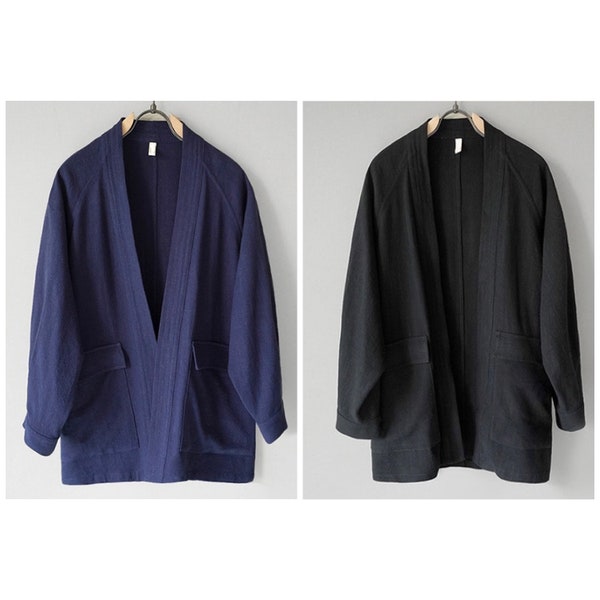 Japanese Style Haori Flex Fabrics Kimono Noragi Relaxed Fit Jacket | 2 colors - Navy Blue and Black | Unisex