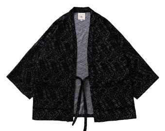 Japanese Style Black Coding Haori Kimono Jacket | Noragi 3/4 Sleeve Hanten Jacket | Organic Cotton | Unisex | Tie Front